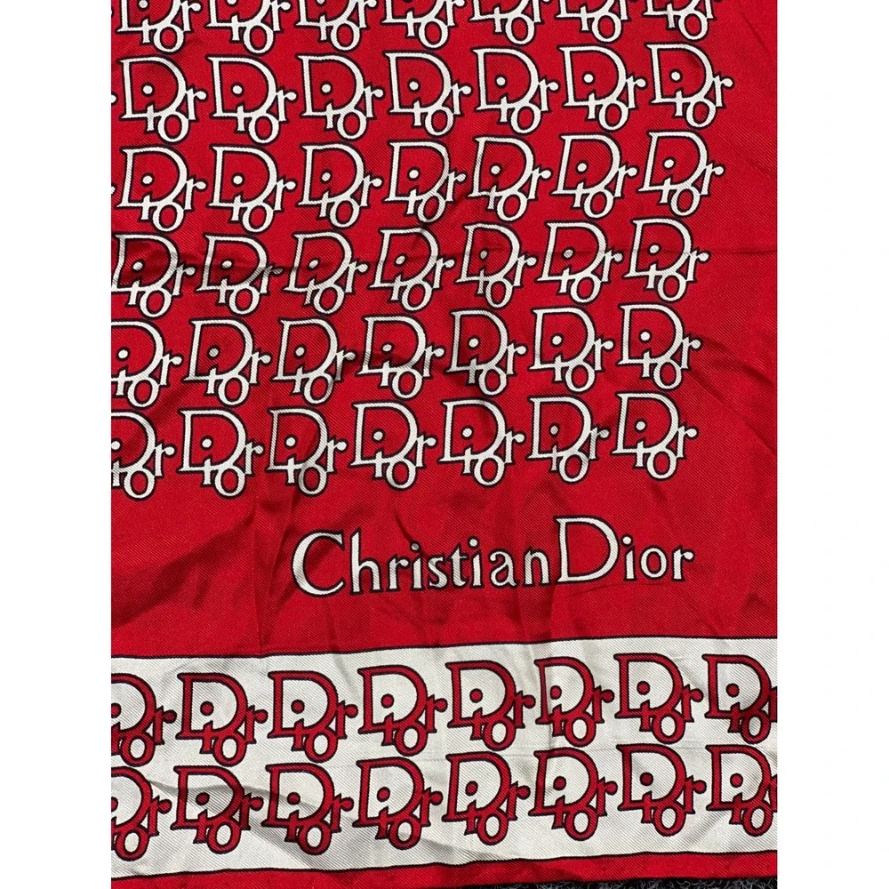 Vintage Christian Dior Scarf Womens OS Red Silk Monogram Logo Square Neck Luxury
